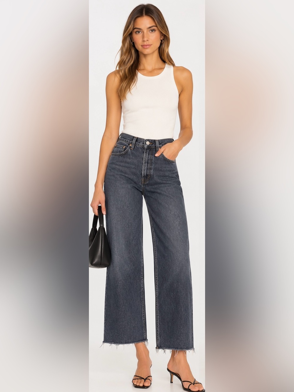 Denim Forum The Farrah High Rise Wide Leg Jeans Size 27 Dark Wash Raw Hem